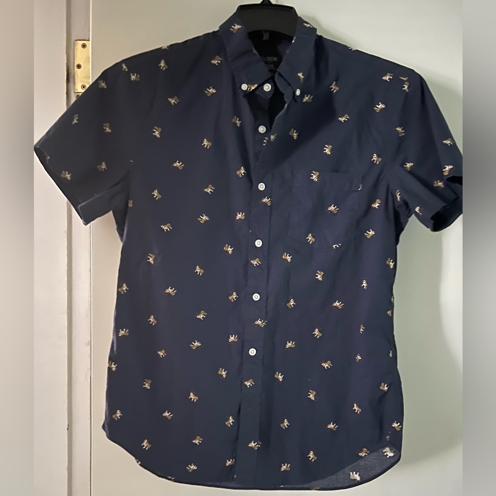 J.Crew Flex Washed Button Down Shirt Mens Medium Blue Reindeer Print Casual